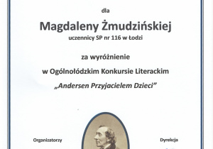 Dyplom wyróżnienie dla Magdaleny Żmudzińskiej zdobyty w Ogólnołódzkim Konkursie Literackim.