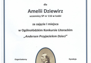 Dyplom dla Amelii Dziewirz za zajęcie 1. miejsca w Ogólnołódzkim Konkursie Literackim.