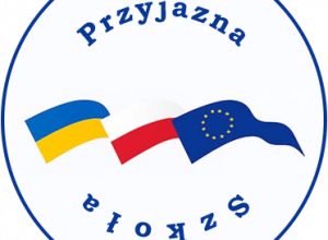 Logo programu Przyjazna szkoła: flagi Ukrainy, Polski i Unii Europejskiej