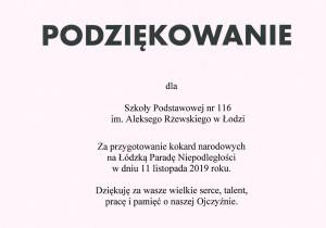 Podziękowanie od Pani Prezydent Hanny Zdanowskiej za przygotowanie kokard narodowych na Łódzką Paradę Niepodległości