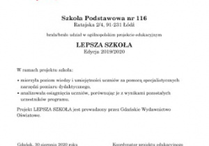 Certyfikat za udział w Ogólnopolskim projekcie edukacyjnym Lepsza Szkoła