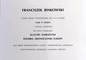 Dyplom za zajęcie IV miejsca zdobyty w konkursie historycznym