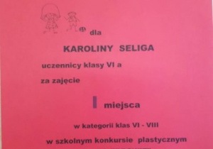 Dyplom uczennicy klasy 6 a za zajęcie 1. miejsca w konkursie