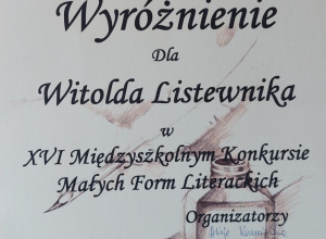 Dyplom wyróżnienie ucznia Witolda Listewnika zdobyty w konkursie