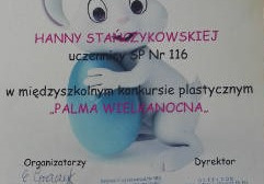 Dyplom wyróżnienie dla Hanny Stańczykowskiej za udział w międzyszkolnym konkursie na palmę wielkanocną.