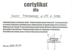 Certyfikat dla szkoły za akcję Szkołą Bezpiecznego Internetu 2011