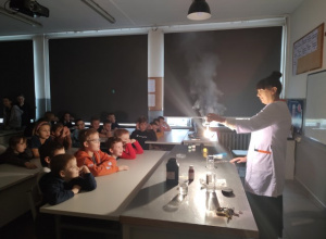 Uczniowie klasy 2 b siedzą w ławkach i oglądają pokaz palenia magnezu przeprowadzany przez ubraną w biały fartuch nauczycielkę chemii.