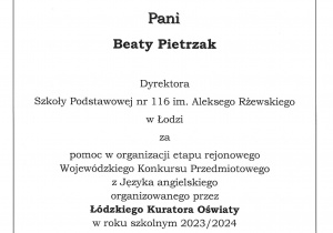 Podziękowanie dla pani dyrektor beaty Pietrzak od Łódzkiego Kuratora Oświaty