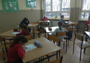 Uczniowie siedzą przy stolikach i rozwiązują test.