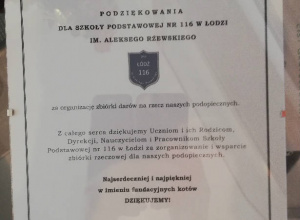 Dyplom podziękowania dla Szkoy Podstawowej nr 116 za zorganizowanie zbiórki darów na rzecz podopiecznych fundacji MEDOR