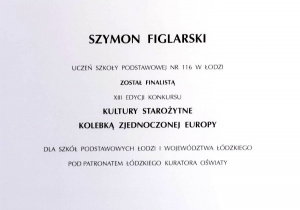 Dyplom uznania dla ucznia za przejście do kolejnego etapu konkursu.