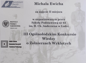 Dyplom uznania dla Michała Ewicha zazdobycie 2. miejsca w konkursie.