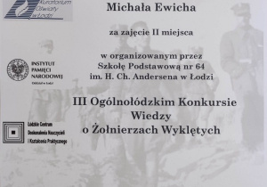 Dyplom uznania dla Michała Ewicha zazdobycie 2. miejsca w konkursie.