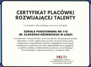 Certyfikat dla placówki rozwijającej talenty.