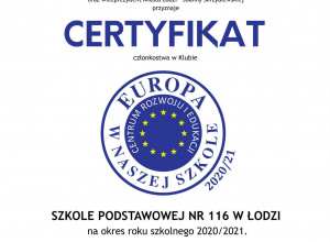 Certyfikat członkostwa w klubie Europa w naszej szkole