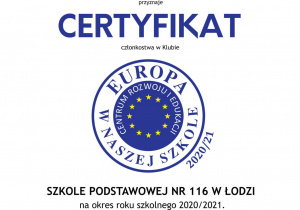 Certyfikat członkostwa w klubie Europa w naszej szkole