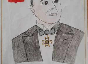 Portret Aleksego Rżewskiego wykonany kredkami i mazakami.