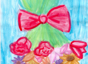Rysunek wykonany kolorowymi kredkami przedstawiający bukiet kwiatów wykonany przez uczennicę Katarzyną Stańczykowską z klasy 5 c.