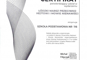 Certyfikat potwierdzający udział w wydarzeniu Łódzki Marsz Przeciwko Hejtowi i Mowie Nienawiści