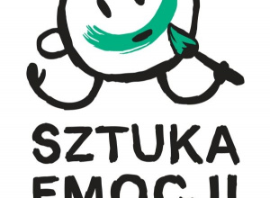 Plakat promujący projekt edukacyjny Sztuka emocji: schematyczny rysunek buzi dziecka malującego uśmiech pędzlem zanurzonym w zielonej farbie