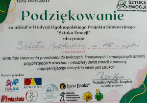 Podziekowania za udział w projekcie Sztuka emocji dla Szkoły Podstawowej nr 116 w Łodzi