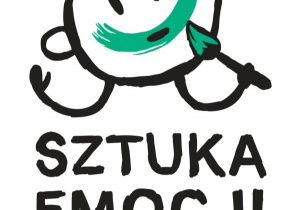 Plakat promujący projekt edukacyjny Sztuka emocji: schematyczny rysunek buzi dziecka malującego uśmiech pędzlem zanurzonym w zielonej farbie