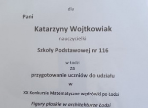 Dyplom uznania dla nauczycielki matematyki Katarzyny Wojtkowiak za przygotowanie uczniów do konkursu