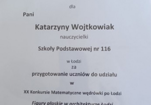 Dyplom uznania dla nauczycielki matematyki Katarzyny Wojtkowiak za przygotowanie uczniów do konkursu