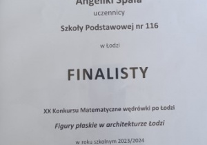 Dyplom dla finalistki Angeliki Spały w konkursie "Matematyczne wędrówki po Łodzi