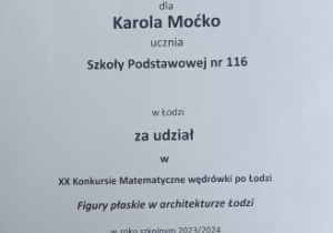 Dyplom za udział Karola Moćko w konkursie "Matematyczne wędrówki po Łodzi