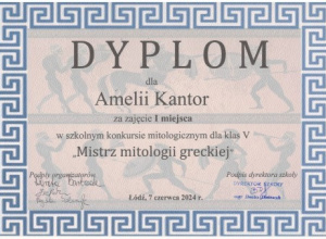 Dyplom dla Amelii Kantor za zajęcie 1. miejsca w konkursie