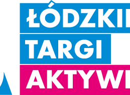 Logo Łódzkich Targów Aktywności: białe litery na niebieskim i różowym tle