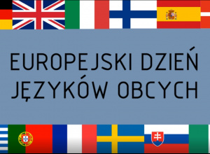 Logo Europejskiego Dnia Języków Obcych: czarny napis na tle kolorowych flag państw europejskich.