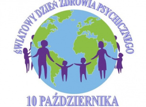 Logo Światowego Dnia Zdrowia Psychicznego: fioletowy rysunek ludzi stojących wokół kuli ziemskiej i trzymających się za ręce.