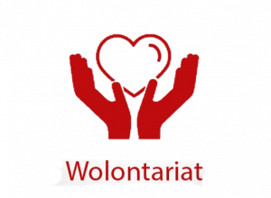 Logo wolontariatu: rysunek czerwonych dłoni trzymających serce i napis wolontariat.