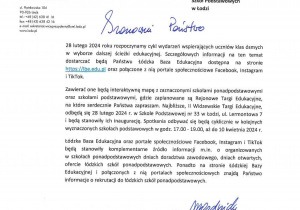 List do rodziców uczniów od wiceprezydent Łodzi p. Małgorzaty Moskwy - Wodnickiej